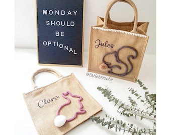 Tote burlap personalized pet name and knitting for children