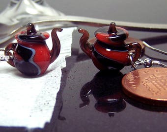 Red and black stripes tea tiny transparent glass teapots dangling earrings on 925 sterling silver earwires