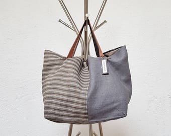 TWO-tone linen tote bag
