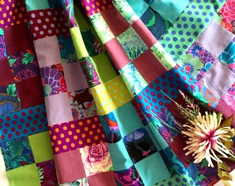 QUILT TOP 38" X 50", Kaffe Fassett quilt, Kaffe Fassett fabric, Unfinished Quilt Top, Quilt Top, Bohemian, Lap Size, Blues Greens Purples