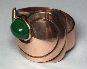 Vintage 1960's Green Stone Copper Adjustable Ring West Germany Size 7.5-9 Statement Ring