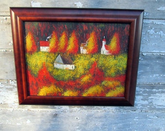 Vintage Oil Painting Mountain Village in The fall and Autumn Very Bright Colors