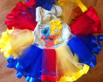 sesame street elmo, cookie monster and big bird ribbon trimmed overall tutu set
