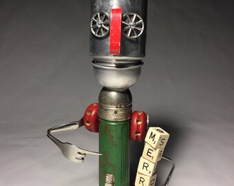 Merry & Bright - Assemblage Art Christmas Elf Robot Sculpture