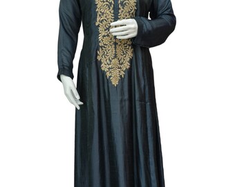 Grey Shaded Silk Long Kurta/Dress with Golden Dori Embroidery