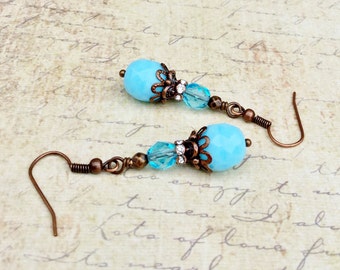 Blue Earrings, Aqua Earrings, Light Blue Earrings, Copper Earrings, Czech Glass Beads, Womens Earrings, Blue Dangle Earrings, Copper Jewelry