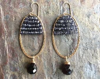 Iolite and garnet gemstone gold hoop statement earrings