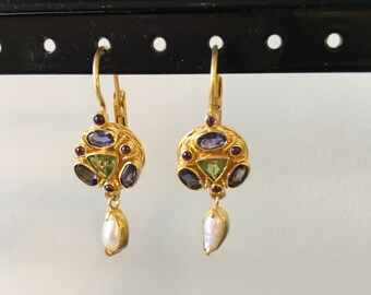 Iolite, peridot, garnet and pearl earring