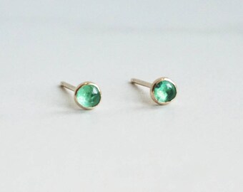 Tiny 3 mm Genuine Zambian Emerald stud earrings - Emerald Studs - 14k gold bezel studs - May Birthstone EarringEs - Zambian Mine Emerald