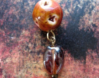 Artisan Ceramic Bead and Iridescent Indian Glass Pendant - 1.75 inches in length