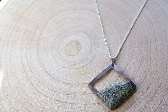 Green Jade Cabochon, Green Jade Pendant in Square Stainless Steel. Collection Design Square. Wisdom Stone, Lucky Stone, Jade Gemstones Jewel