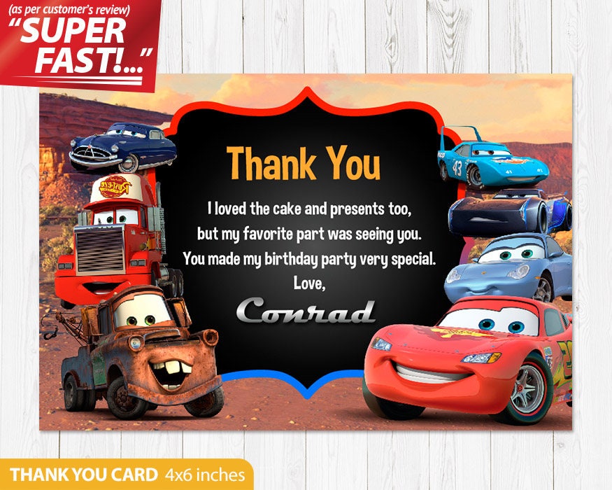 Cars Thank You Card PRINTABLE Cars Birthday Card Cars