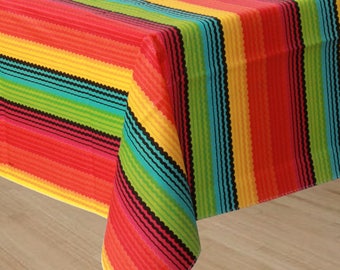 52 x 90 inch Vinyl Flannel Backed Reusable Fiesta Table Cover - Colorful Fiesta Stripe Tablecloth - Cinco De Mayo - Summer Party Fun!