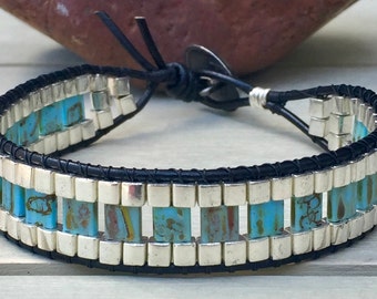 Mens bracelet, mens wrap bracelet, beaded leather bracelet, gift for him, boyfriend bracelet, leather bracelet, mens beaded bracelet