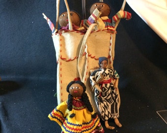 Vintage, hand made, American Indian, SEMINOLE Male, Female Dolls, in Carrier, Palm Fiber, plus 2 more dolls