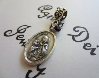 St Anne Medal & Purple Glass Charm Pendant, Patron Saint for Mothers - Grandmothers - Women in Labor, Catholic Religious Gift