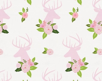 Pink Floral Deer Head Organic Fabric - By The Yard - Girl / Animal Print