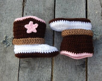 6-12 Month Cowgirl Boots; Western Baby Booties; Crocheted Cowboy Boots; Baby Shoes with Spurs; Handmade by Anna
