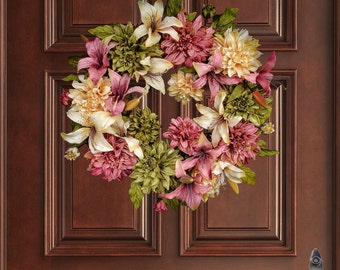 Dahlia & Lily Wreath | Front Door Wreaths | Summer Wreath | Outdoor Wreath | Summer Wreath for Front Door
