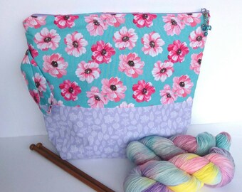 LARGE Project Bag for Knitting, Yarn Pouch, Gift For Knitter, Crochet Project Bag, floral and lilac print, fits 6-7 skeins