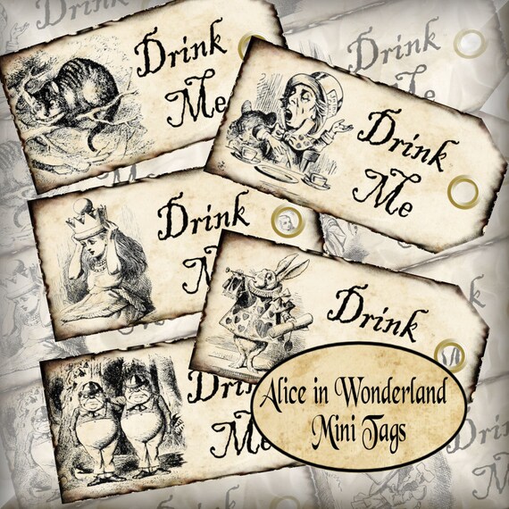 Mini Drink Me Alice in Wonderland Favors Tags Light Grunge