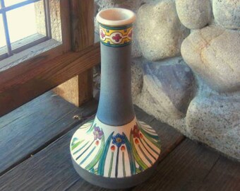 Vintage Japanese Pottery Vase, Art Deco Style, Hand Painted, Matte Green Vintage 1920s or 1930s