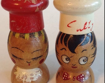 Salt & Pepper Shakers Salty Peppy Chef Wood Hand Painted 4" Vintage