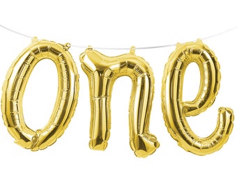 Gold ONE Script 12" Balloon Phrase Banner Kit AIR FILL Foil Mylar 1st First Birthday Party Decorations Decor Backdrop Photo Prop