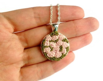 Birthday gift|for|woman fiancee Pink rose necklace Embroidery jewelry Bridesmaid jewelry Rose bouquet Embroidered necklace Silver necklace
