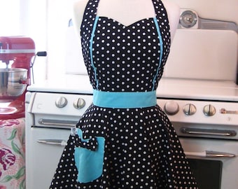 Retro Apron Polka Dot Black and White with Aqua MAGGIE