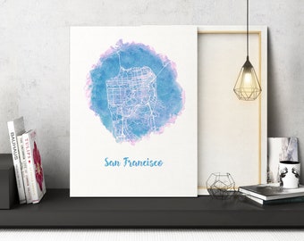 San Francisco CA Watercolor Map San Francisco California map San Francisco California wall art SF city map San Francisco CA art print canvas