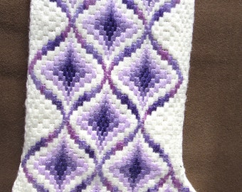 Christmas stocking, bargello needlepoint 5 3/4 wide at top and 15 inches in length. Lavenders, purple, white, hand stitched.