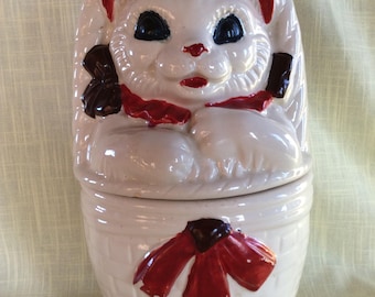 Early American bisque cookie jar canister kitchen storage cat in a basket