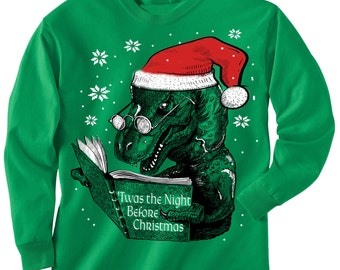 TODDLER Christmas sweater Tee -- Dinosaur reading book T REX - long sleeve t shirt - kids toddler youth sizes