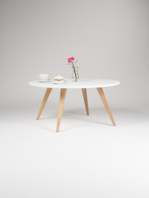White Round Coffee Table With Solid Oak Legs Scandinavian Like This Item