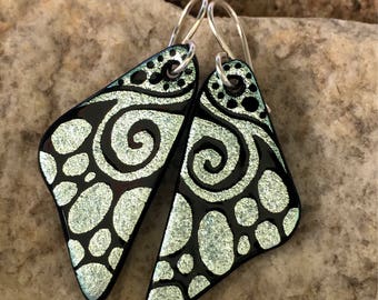 DICHROIC EARRINGS Butterfly Wings Silver & Black Hand Etched Fused Glass with Sterling Silver Hooks