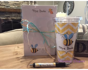 Personalized Teacher Bee notepad pen and tumbler set Teacher notepads teacher tumblers Teacher Gifts