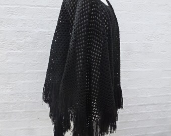 Shawl large black handmade 80s knit cape crochet clothing black poncho womens clothes ladies shawl womens chunky cape vintage gift handmade.