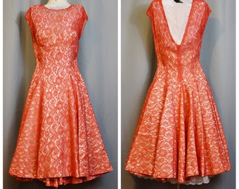 Red Lace Illusion 50s Party Dress with Full Circle Skirt