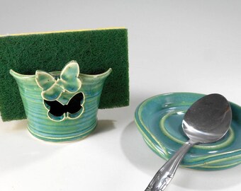 Ceramic spoon rest sponge holder set, pottery spoon rest, stoneware spoonrest, pottery sponge holder, spoon rest, ceramic sponge holder