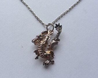 Vintage Asian Dragon Pendant Necklace / Light Bronze Tone