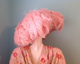 80s pink hat pink Ostrich Feathers show Girl hat silver clear sequence Moulin Rouge statement Hollywood Glam