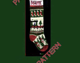 Pattern only --- Hand knit Christmas stocking, snowman, train and Christmas tree