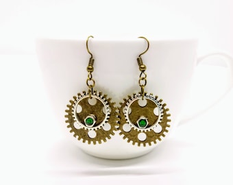 Steampunk Earrings Cog Gear Jewellery Green Bronze Accessories