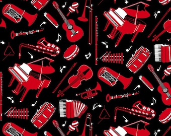 Musicality Black Red Instruments Blank Quilting Fabric