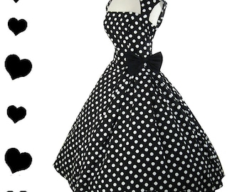 New Rockabilly Dress Polka Dot 50s Style Pinup Party Dress S M L Xl XXl 1X 2X 3X Plus Vintage Style Collar Bow Black White