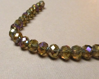 Faceted Glass Beads. Rondelle. Smoke-Black AB. Jewelry Supplies. Fall. Autumn. 6mm x 8mm. 7 inch strand.