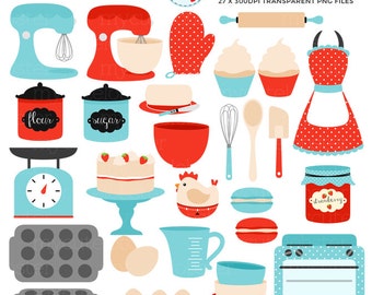Vintage Baking Clipart Set - retro kitchen, red and blue clip art, oven, cake, baking - personal use, small commercial use, instant download