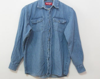 Vintage and Distressed Men's M Long Sleeve Denim Shirt by Wrangler Tomboy Shirt Boyfriend Shirt Free Shipping See Details