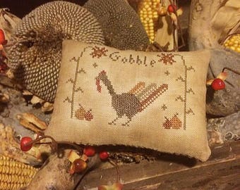 Primitive Fall Thanksgiving Pillow Tuck Decor | Autumn Stitchery | Turkey Pumpkin Stitchery Sampler | Farmhouse Pin Keep | Bowl Fillers |